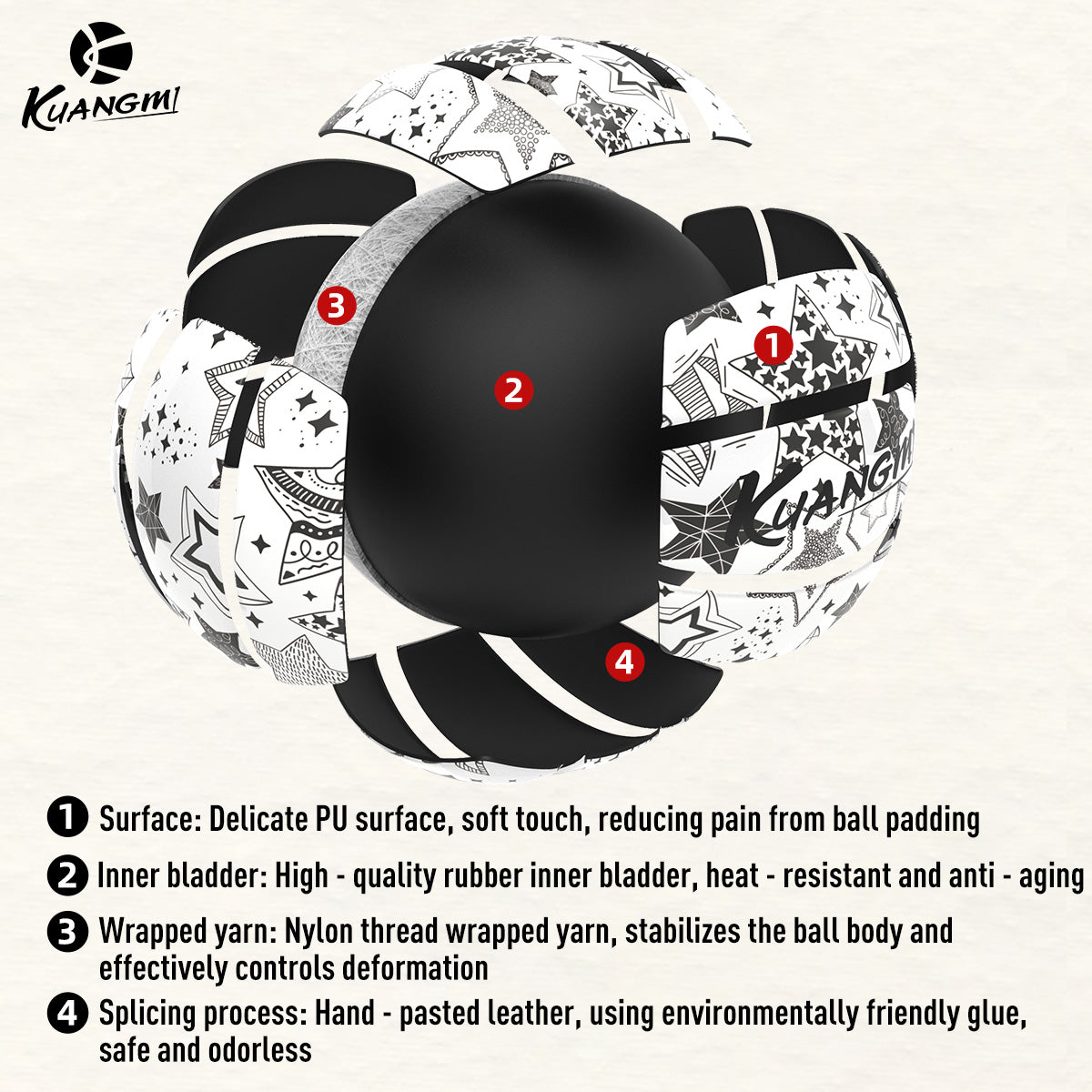 Kuangmi Star - Patterned PU Hard Volleyball, Size 5 - Ideal for Indoor & Outdoor Play
