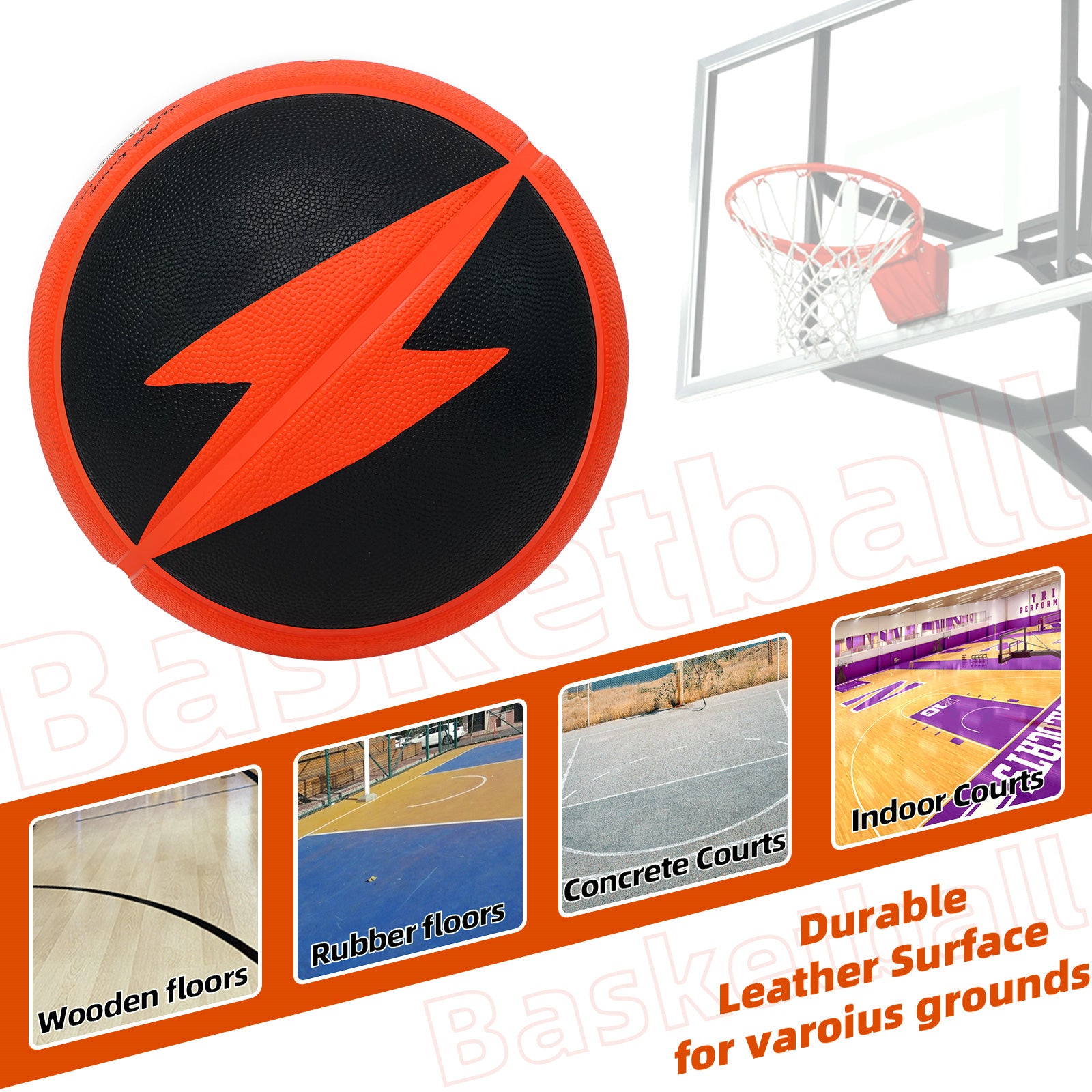 Kuangmi Lightning Rubber Basketball, Black & Red, Size 7 (29.5")