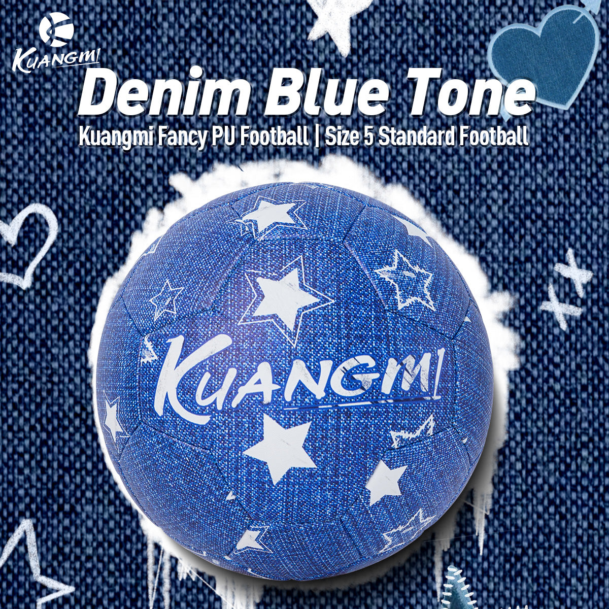 Kuangmi Denim Blue Size 5 Football - Featuring PU Material for Indoor and Outdoor Play