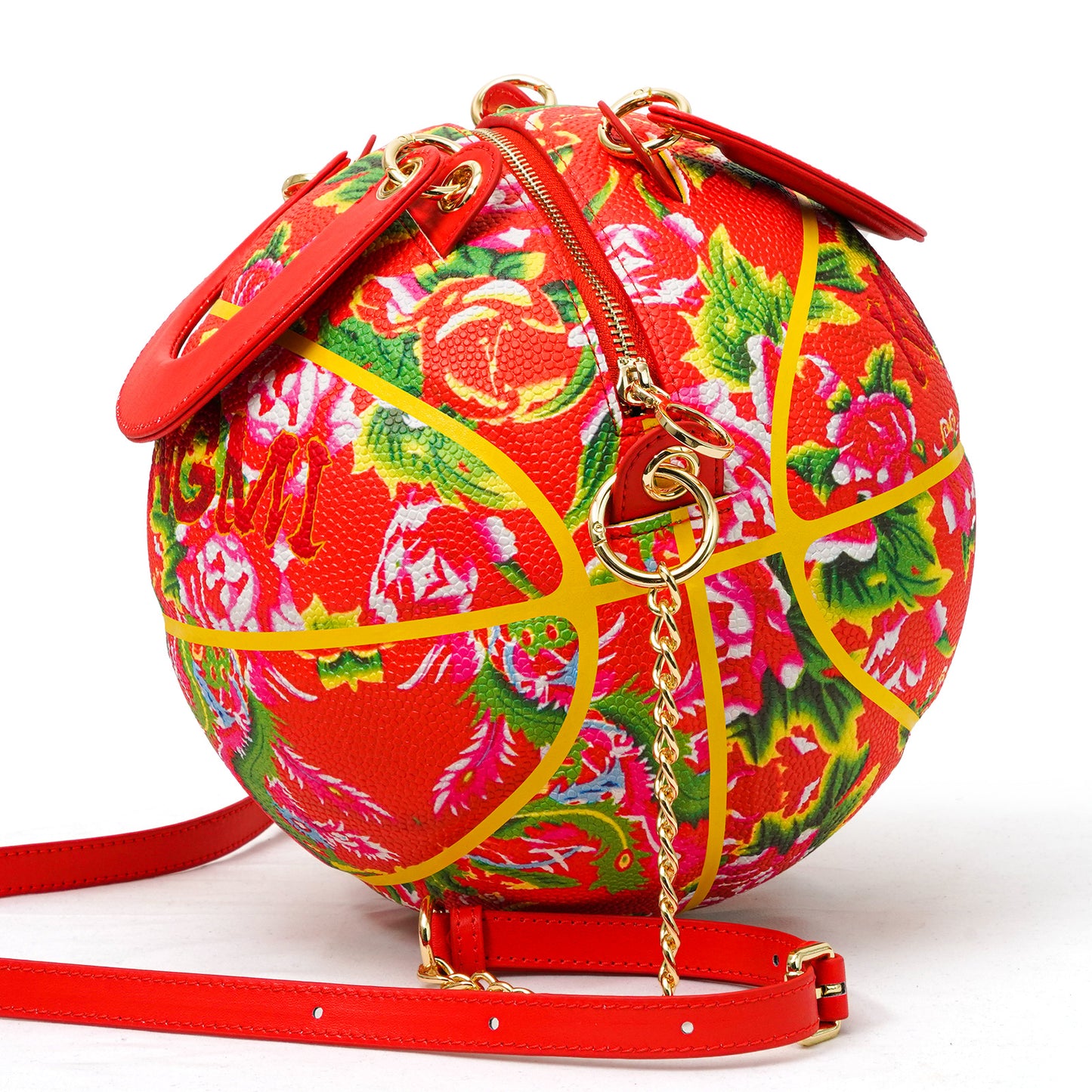 Kuangmi PU Red - Colorful “Chinese Floral” Pattern Basketball Crossbody Bag w/ Adjustable Strap