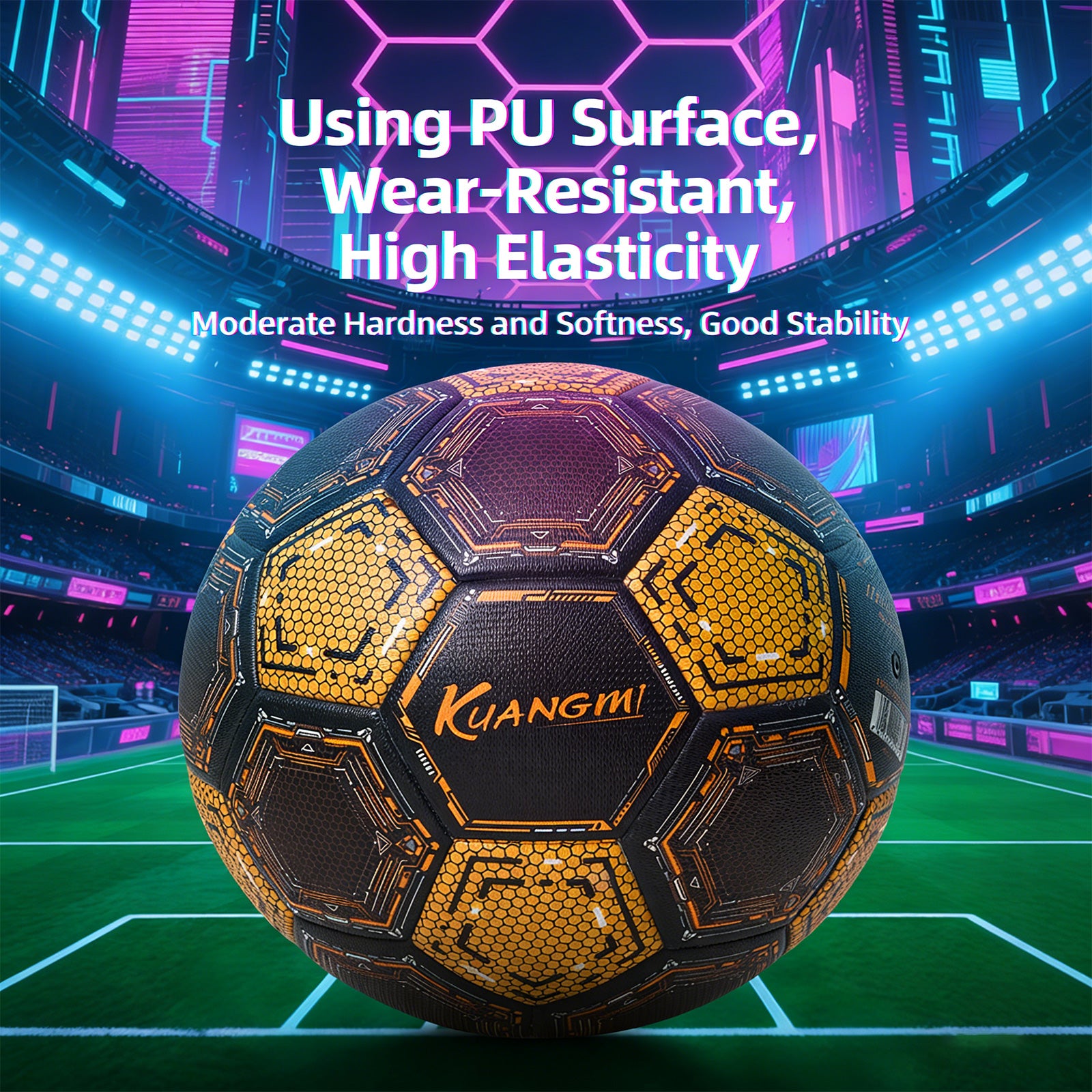 Kuangmi Mecha Honeycomb Football (Silver/Black-Gold), Size 5, PU Surface for Training & Competition