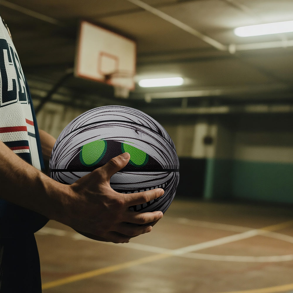 A mummy-pattered basketball handheld picture, on the dim basement basketball court