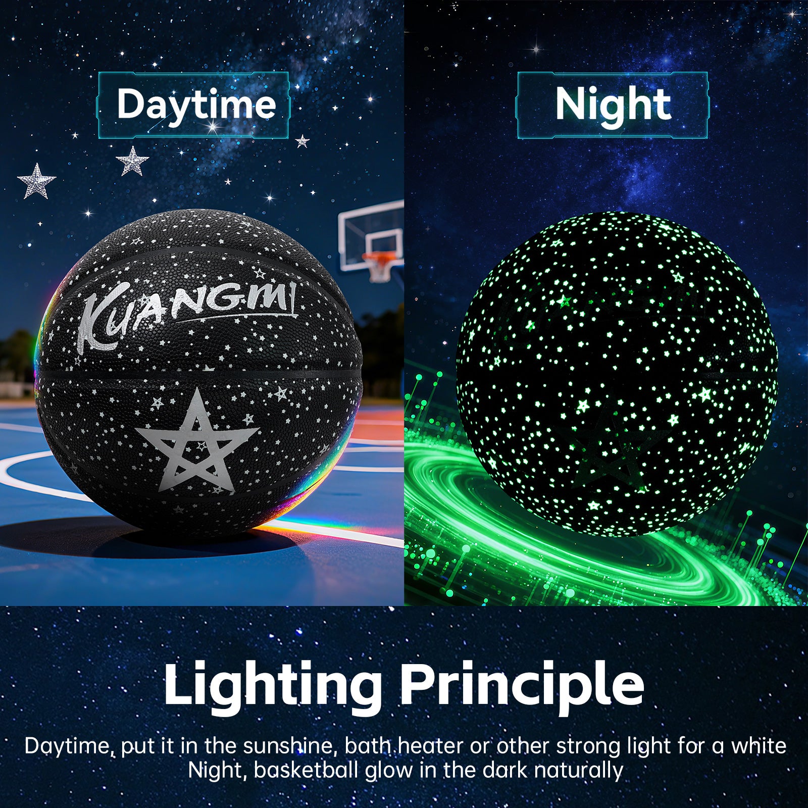 Kuangmi Glow-in-the-Dark Starry Sky Basketball Gift, Size 7 (29.5"), Hygroscopic PU for Indoor Outdoor Play