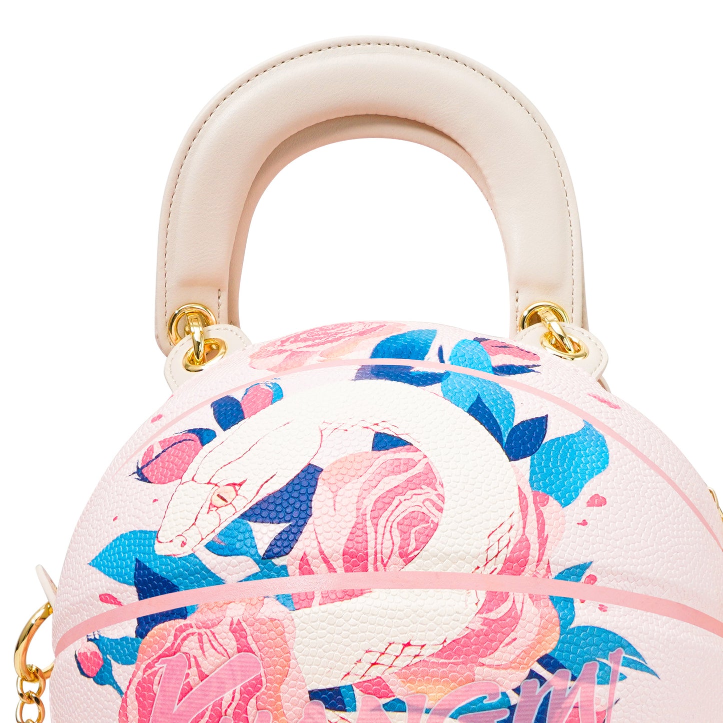 Kuangmi PU Pink - Blue “White Snake & Rose” Pattern Basketball Crossbody Bag w/ Adjustable Strap