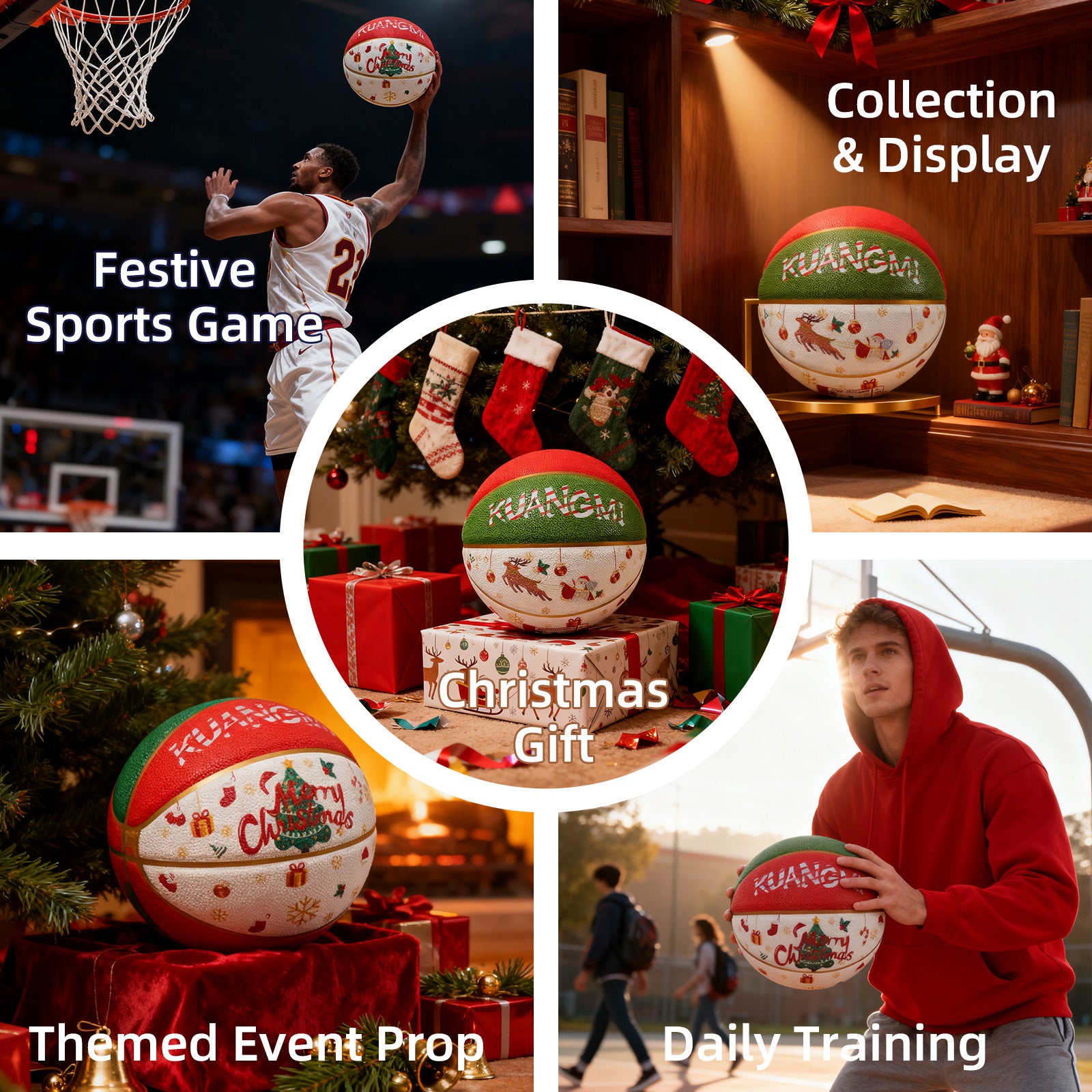 Kuangmi Christmas Basketball, Size 7 (29.5"), Hygroscopic PU Leather, Ideal Christmas Gift