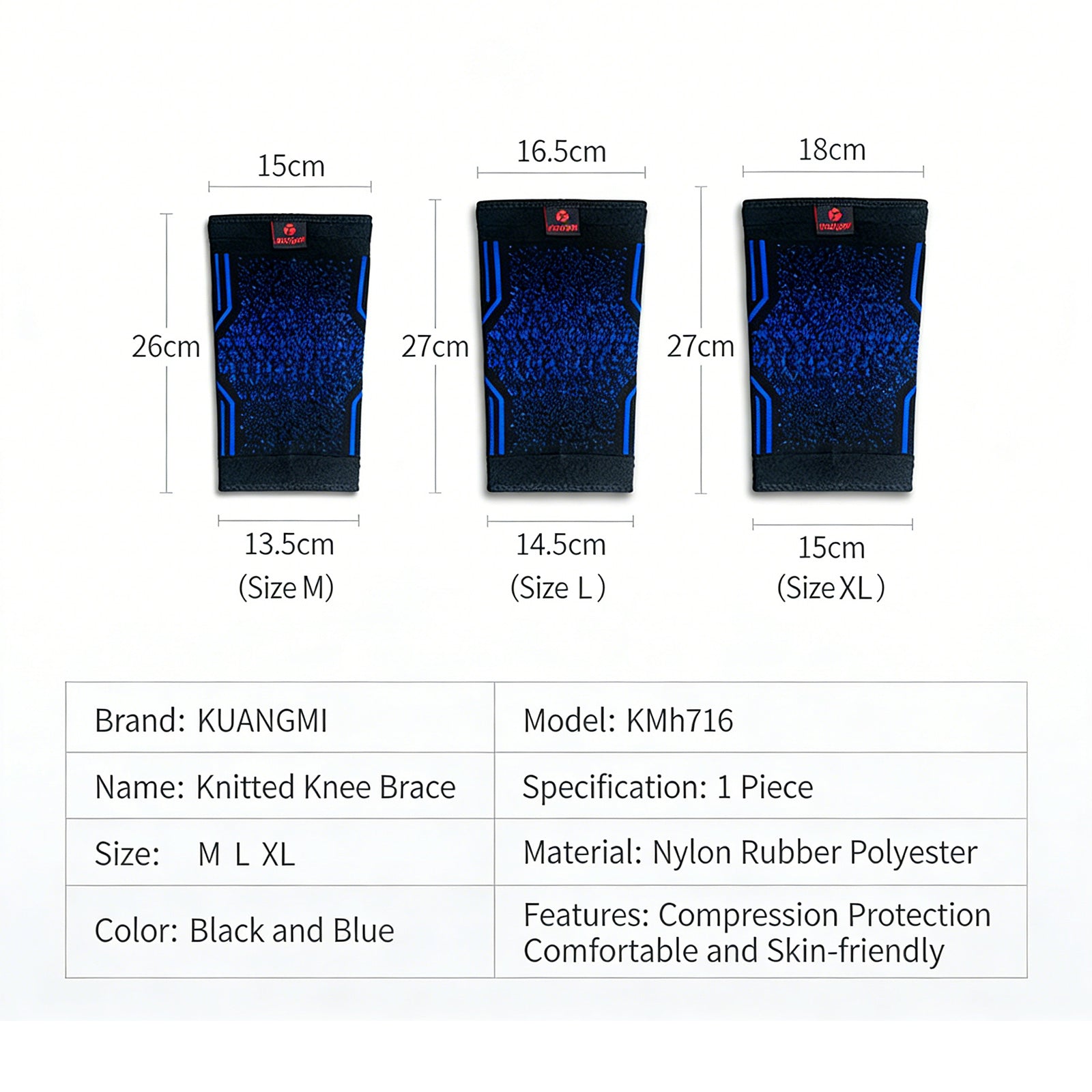 Kuangmi Black & Blue Knitted Knee Brace - Compression Support for Sports & Daily Activities (Sizes M/L/XL)