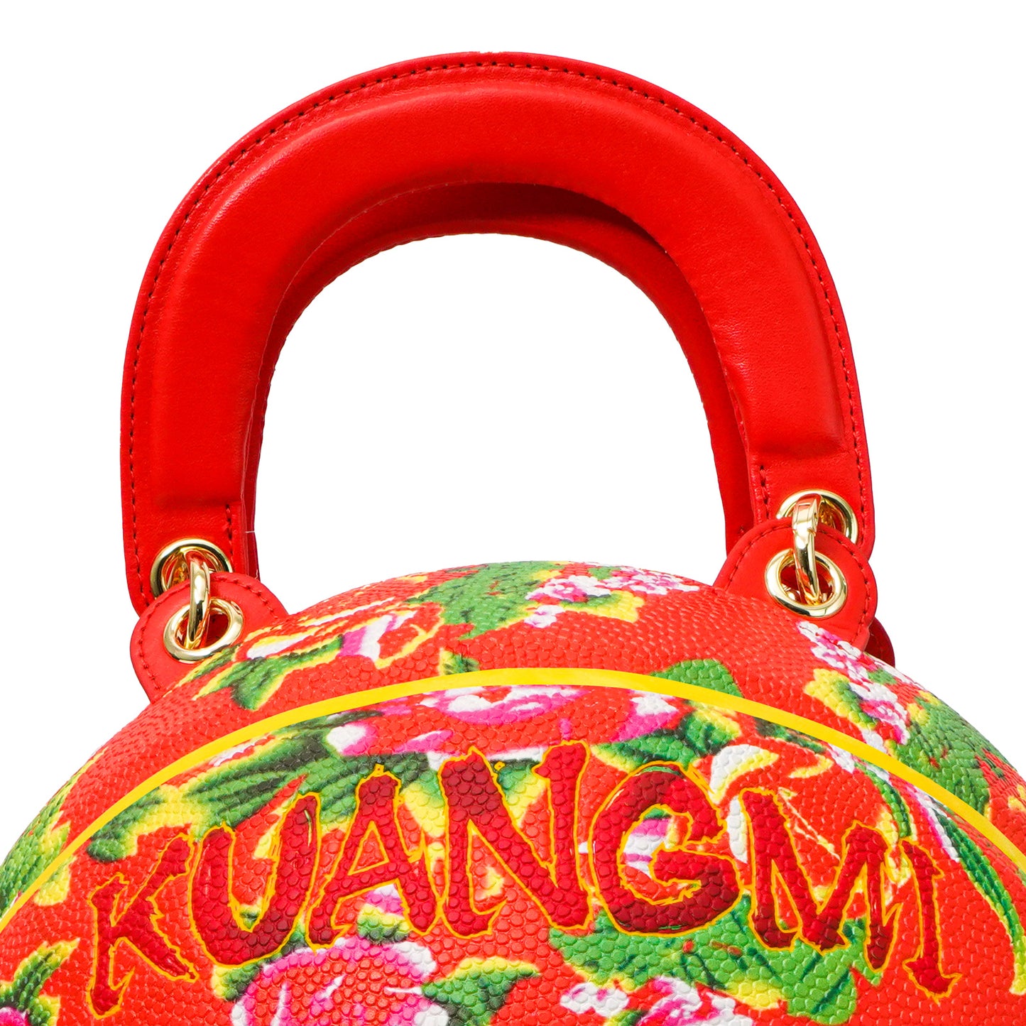 Kuangmi PU Red - Colorful “Chinese Floral” Pattern Basketball Crossbody Bag w/ Adjustable Strap