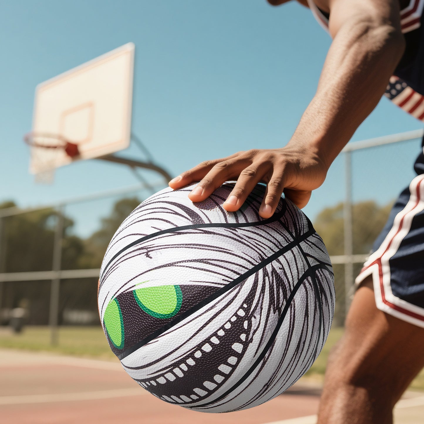 A handheld basketball with a mummy pattern