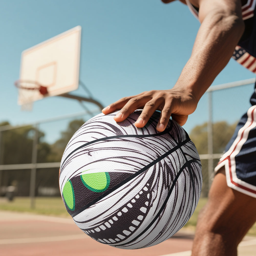 A handheld basketball with a mummy pattern