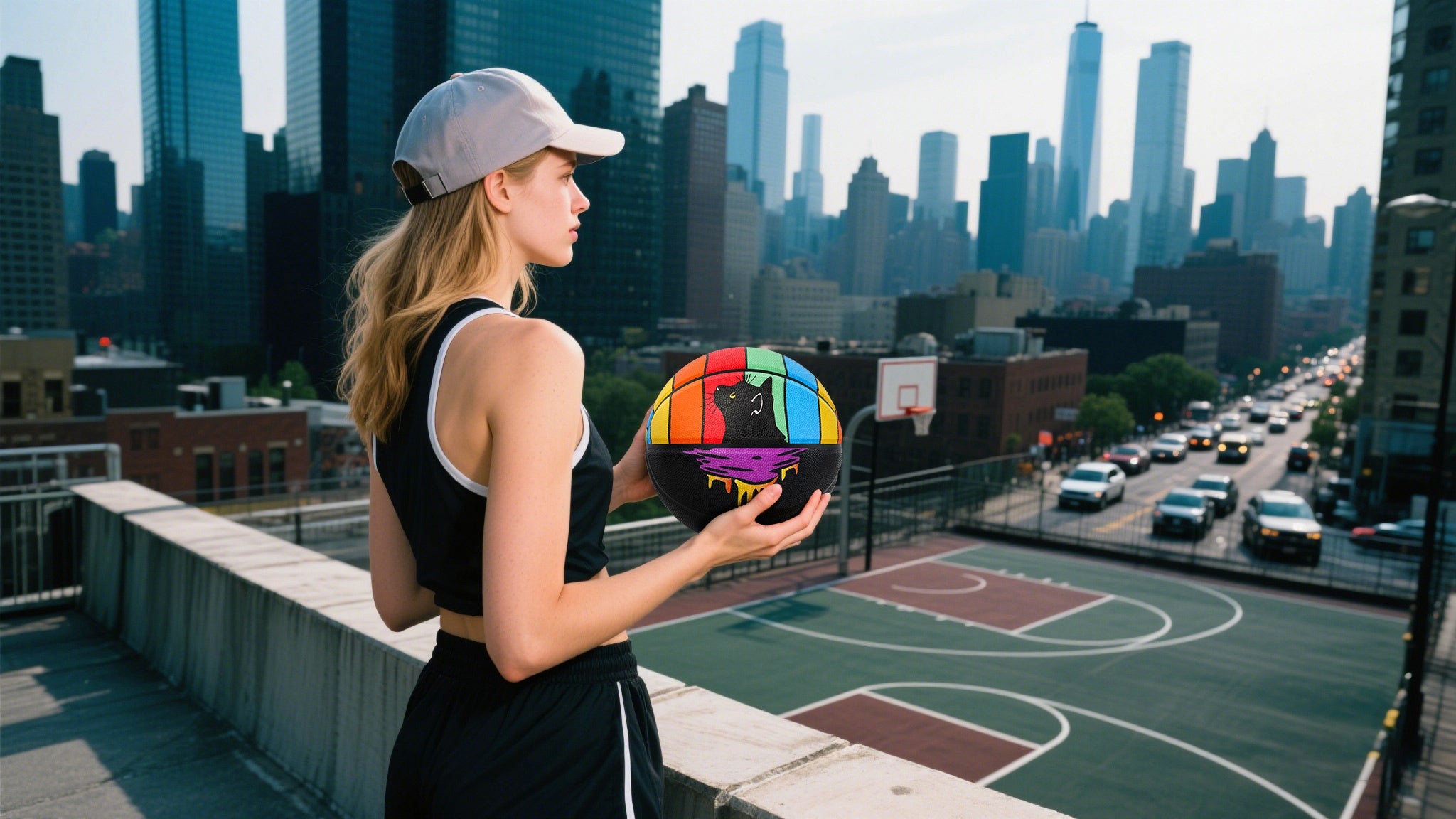 Woman holding Kuangmi colorful basketball, overlooking urban rooftop court