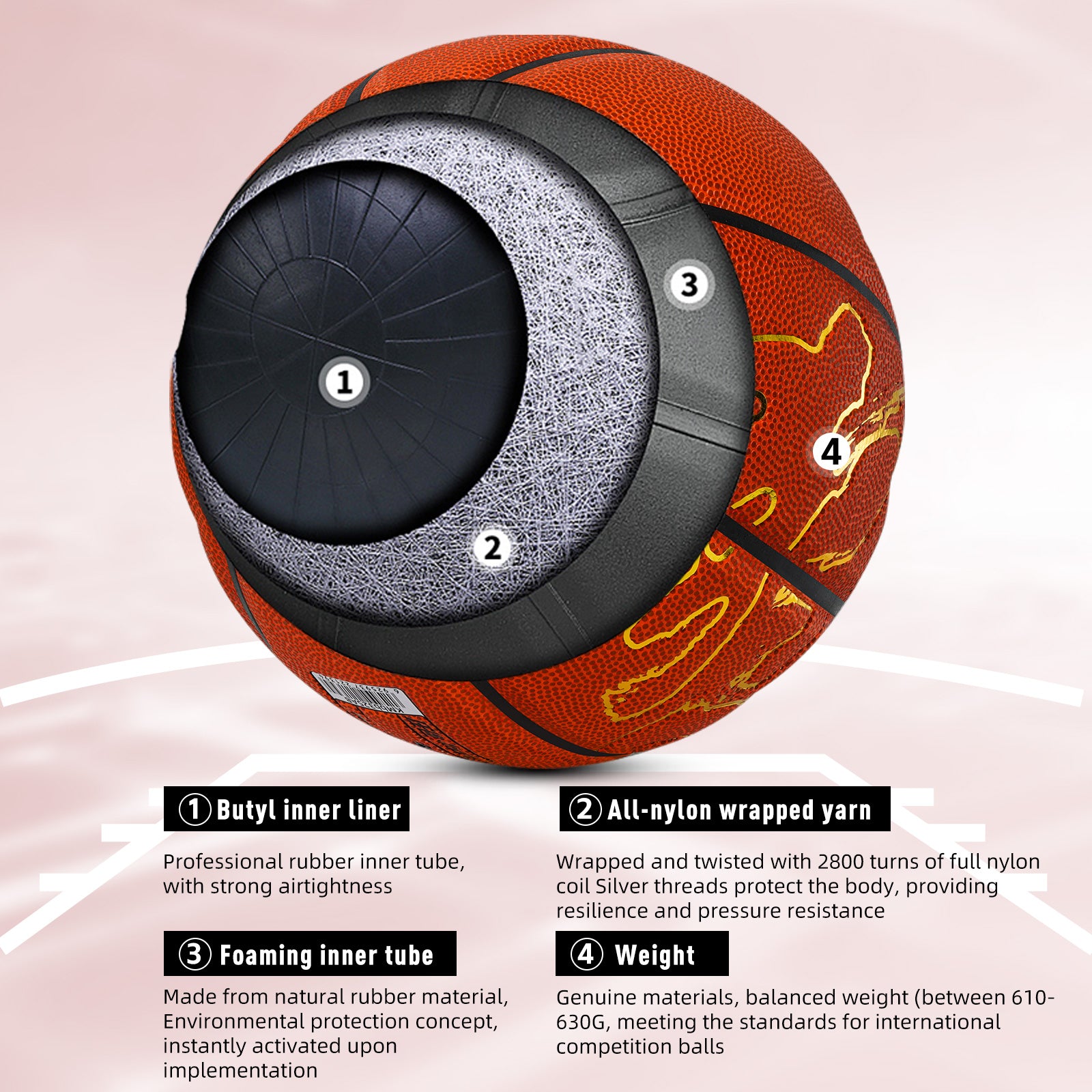 Kuangmi Indoor Official Game Basketball, Size 7 (29.5"), Orange PU with Gold Foil Design