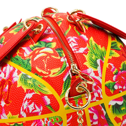 Kuangmi PU Red - Colorful “Chinese Floral” Pattern Basketball Crossbody Bag w/ Adjustable Strap