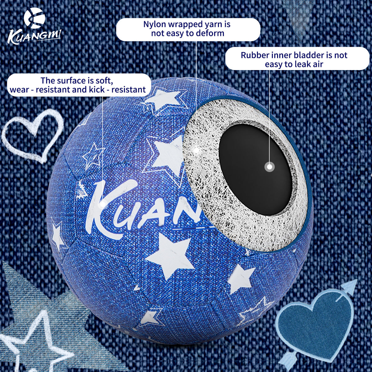 Kuangmi Denim Blue Size 5 Football - Featuring PU Material for Indoor and Outdoor Play