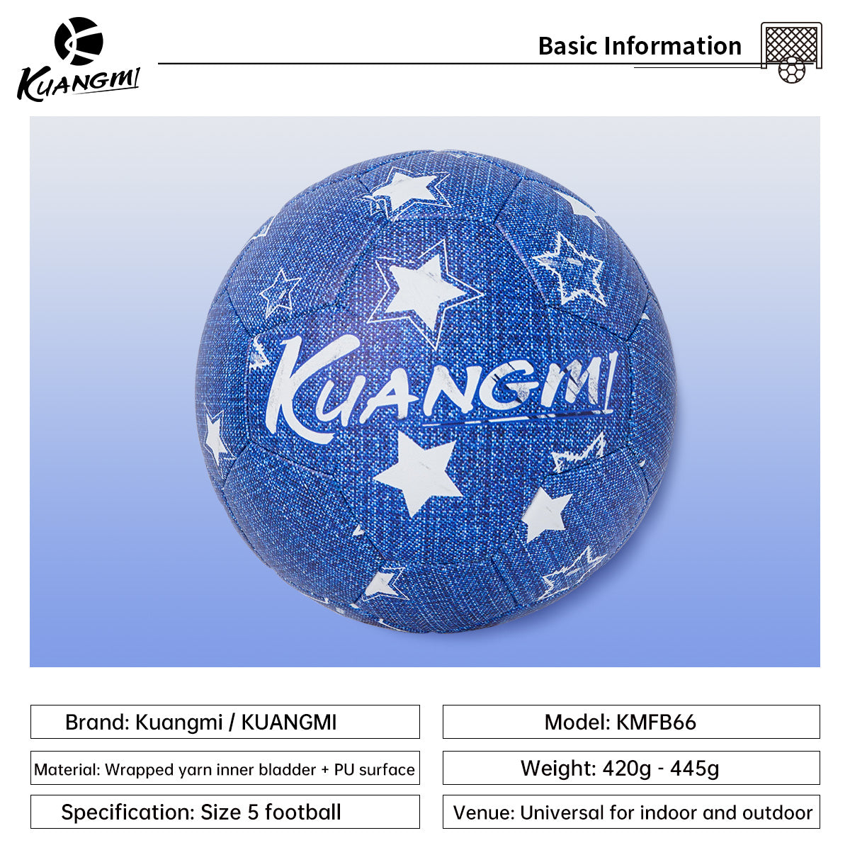 Kuangmi Denim Blue Size 5 Football - Featuring PU Material for Indoor and Outdoor Play