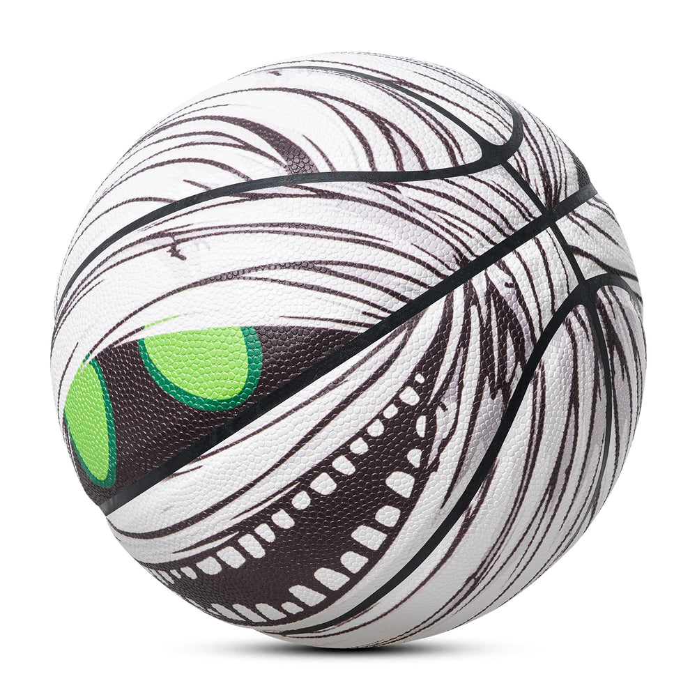 A front and side view of a basketball with a mummy pattern