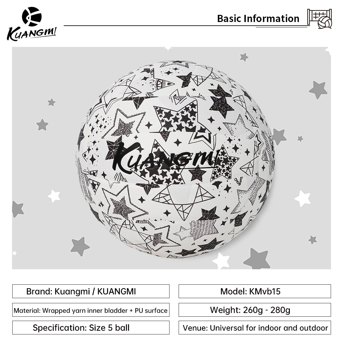 Kuangmi Star - Patterned PU Hard Volleyball, Size 5 - Ideal for Indoor & Outdoor Play