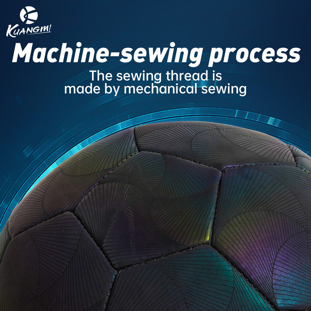 Kuangmi Reflective Size 5 Football - Featuring Reflective PU Material for Training and Game Use, showcasing machine-sewing process.