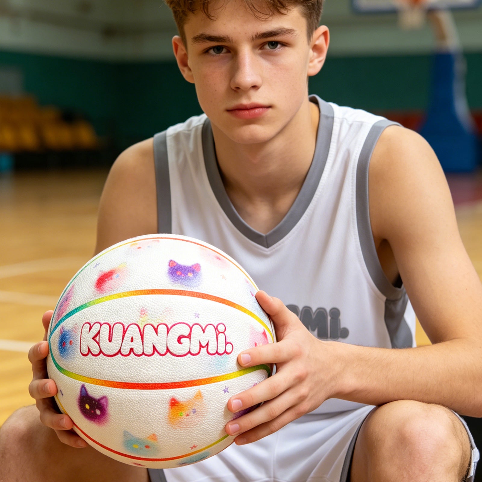 Kuangmi Cute Cat Print Basketball - Hygroscopic PU with Advanced Channel Leather Technology (Size 7/6/5)