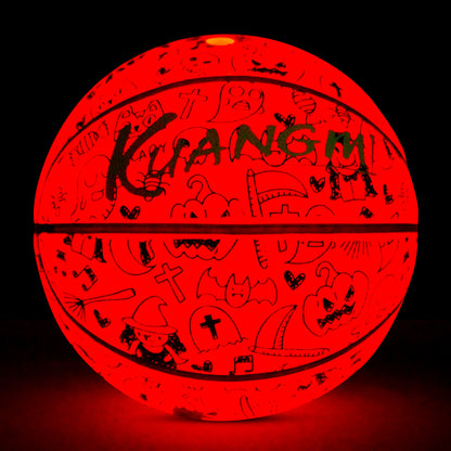 Kuangmi 2025 Halloween Basketball - Size 7 (29.5") Graffiti Design with Built-in LED Lights, Rubber Material, Light-Up on Bounce, Playable & Decorative