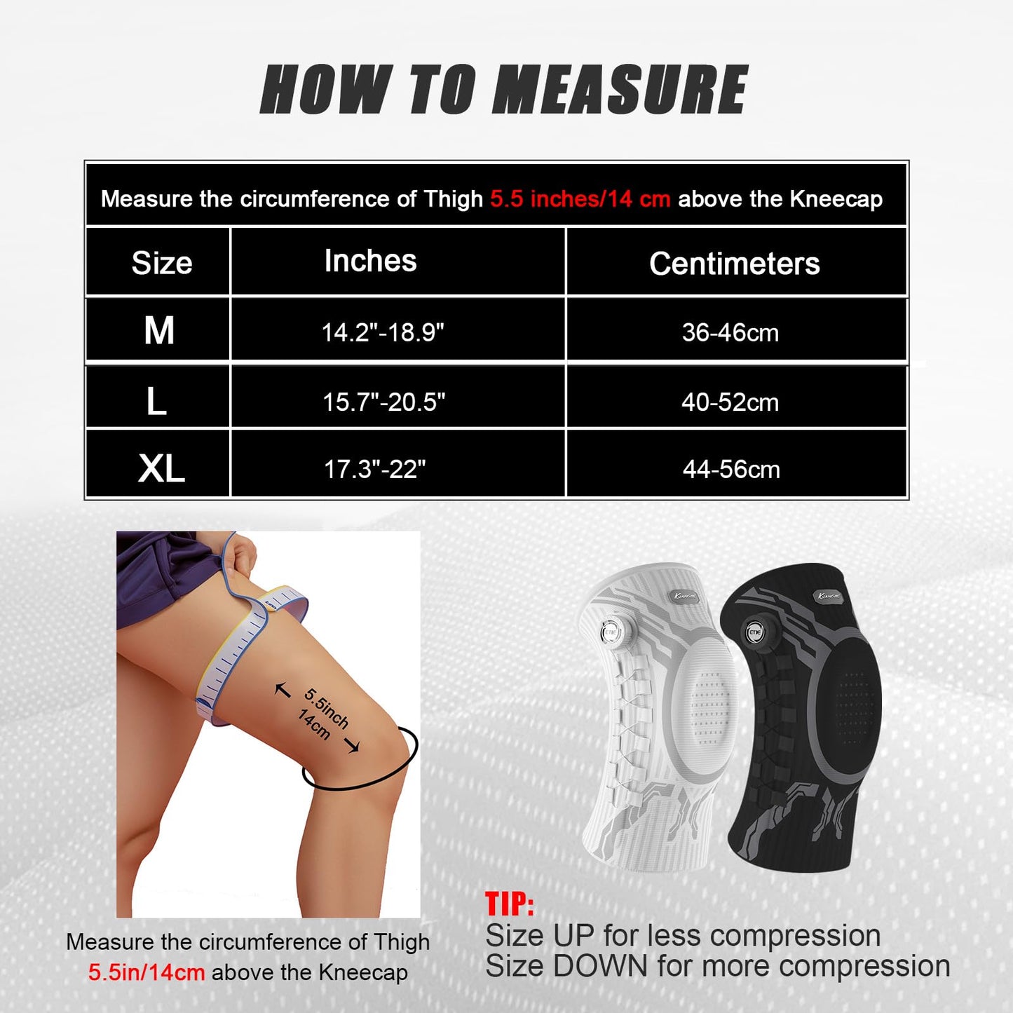 Kuangmi® Smart Knob Knee Brace scale table, and teaching customers how to select dimensions