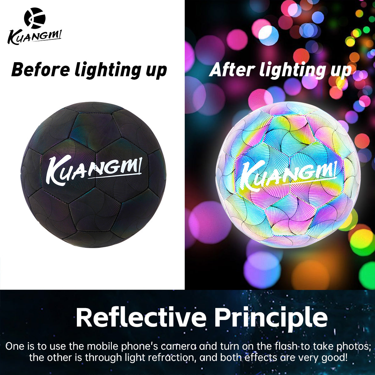 Kuangmi Reflective Size 5 Football - Featuring Reflective PU Material for Training and Game Use