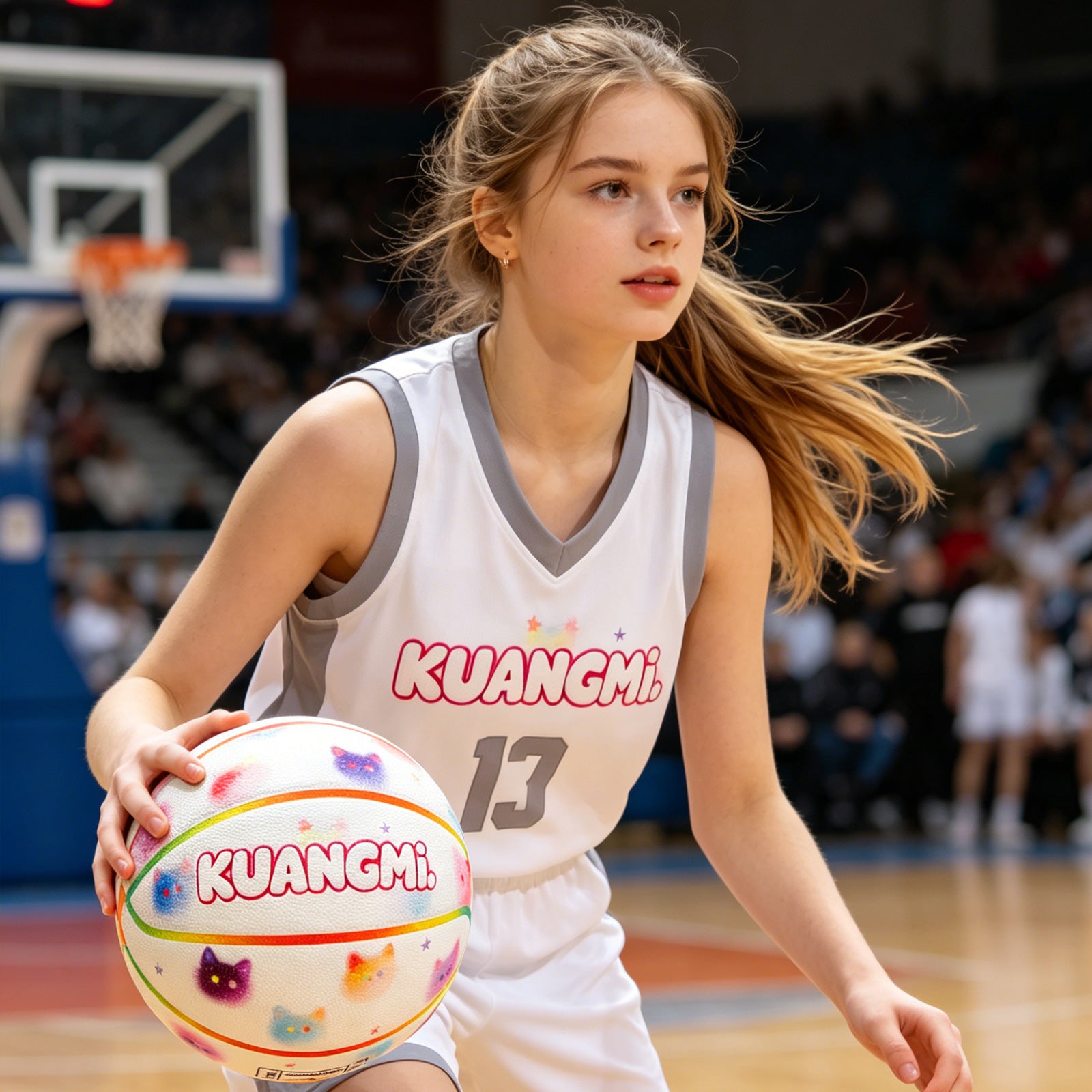 Kuangmi Cute Cat Print Basketball - Hygroscopic PU with Advanced Channel Leather Technology (Size 7/6/5)