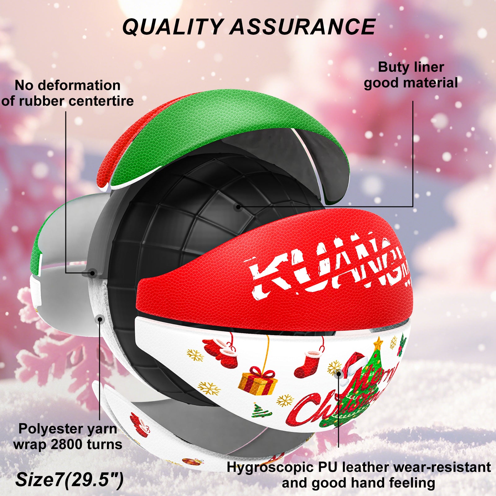 Kuangmi Christmas Basketball, Size 7 (29.5"), Hygroscopic PU Leather, Ideal Christmas Gift