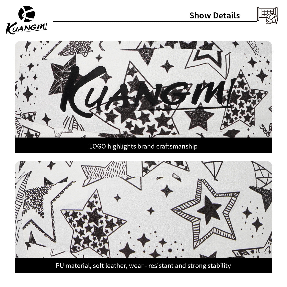 Kuangmi Star - Patterned PU Hard Volleyball, Size 5 - Ideal for Indoor & Outdoor Play
