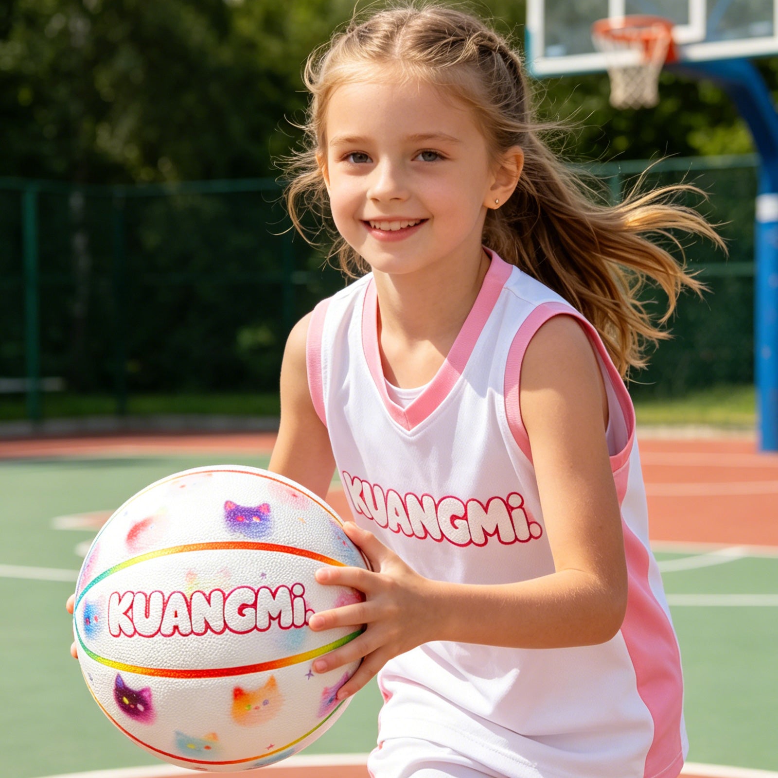 Kuangmi Cute Cat Print Basketball - Hygroscopic PU with Advanced Channel Leather Technology (Size 7/6/5)