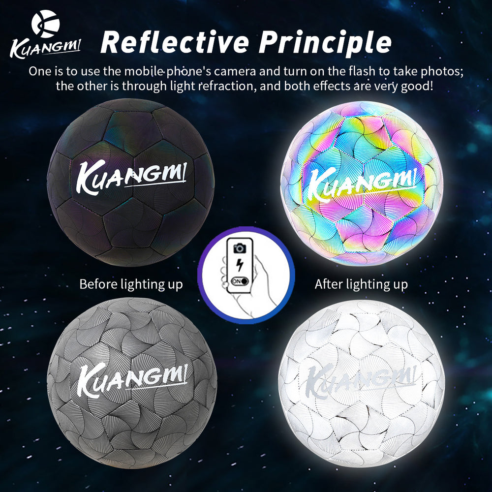 Kuangmi Reflective Size 5 Football - Featuring Reflective PU Material for Training and Game Use display with reflective effects