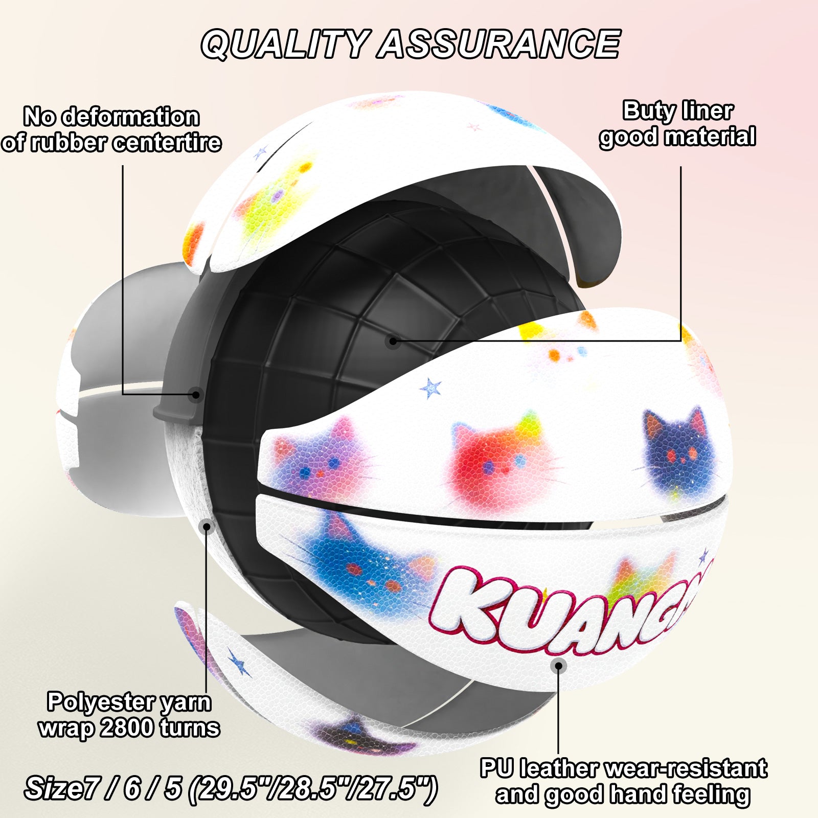 Kuangmi Cute Cat Print Basketball - Hygroscopic PU with Advanced Channel Leather Technology (Size 7/6/5)