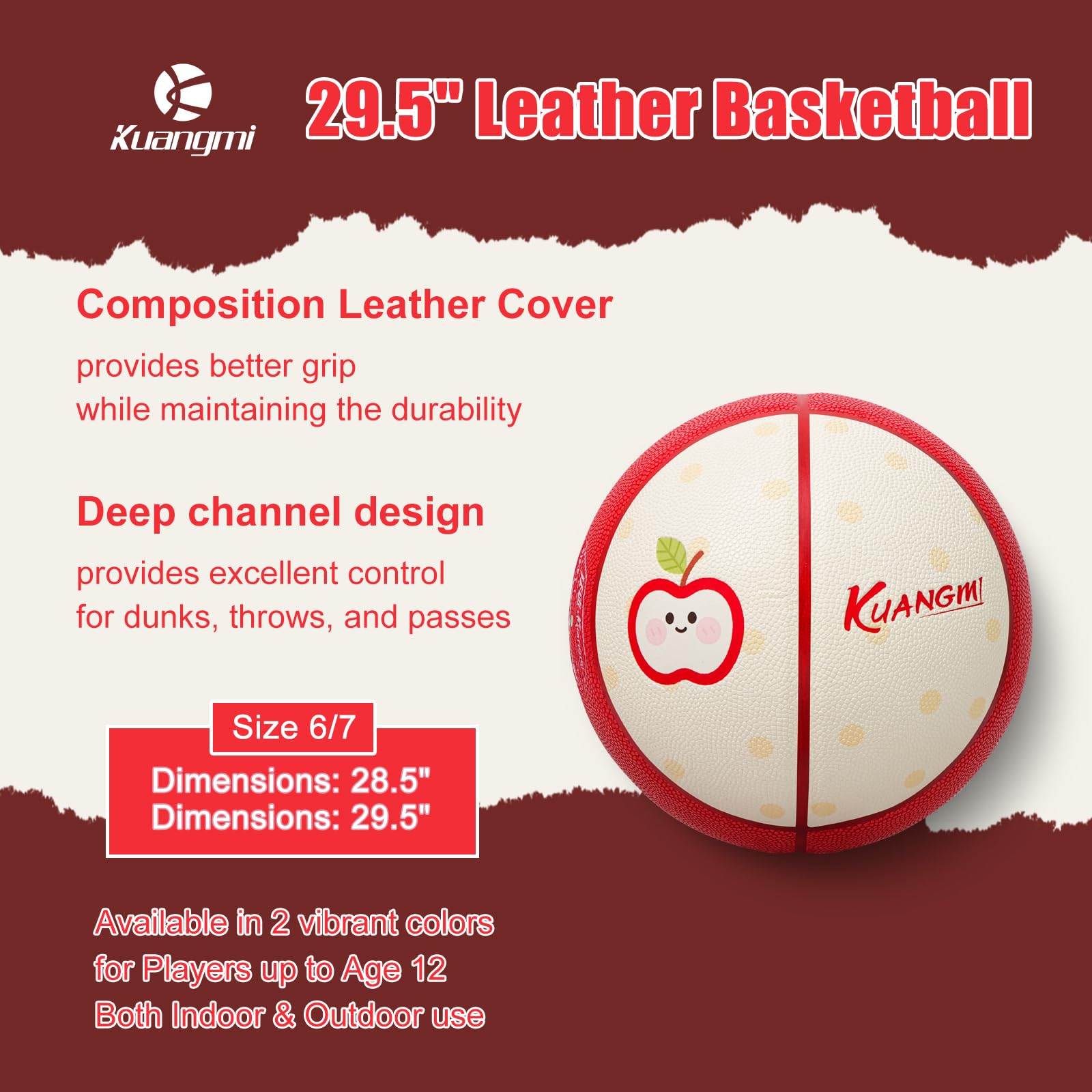Balón de baloncesto Kuangmi con forma de manzana, talla oficial 7 (29,5"), divertido y novedoso, para uso en interiores y exteriores. 