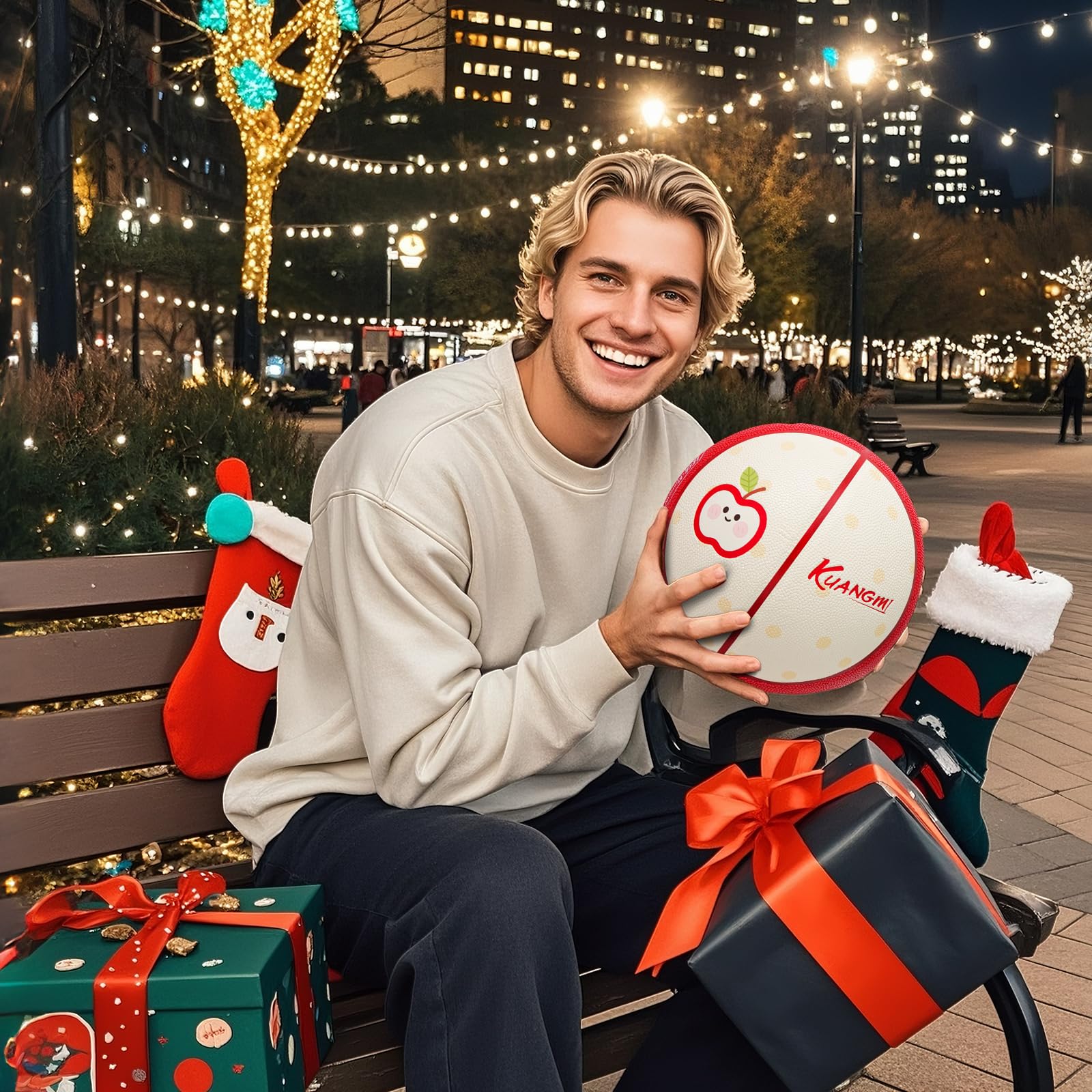 Balón de baloncesto Kuangmi con forma de manzana, talla oficial 7 (29,5"), divertido y novedoso, para uso en interiores y exteriores. 