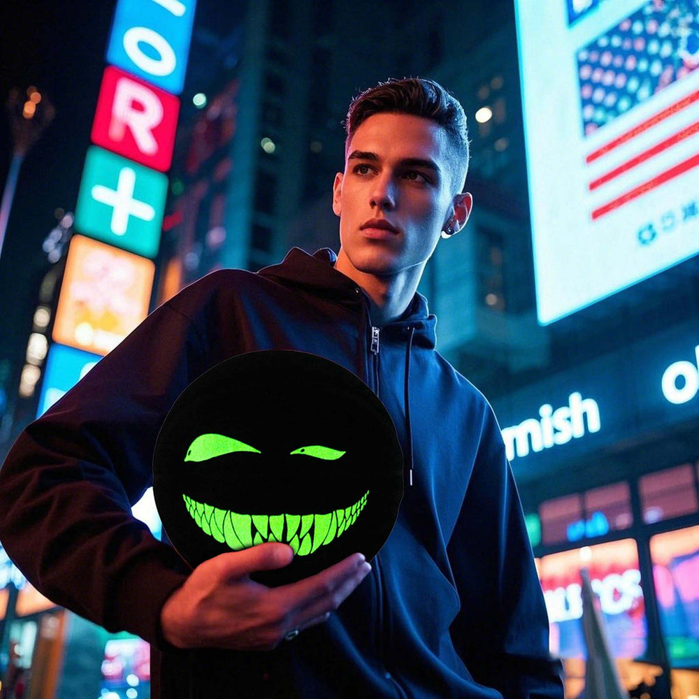 A model held Kuangmi Devil Smiley Luminous Basketball on the street at night