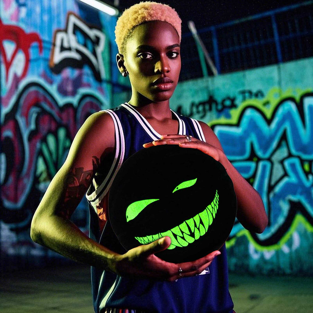 The female black model held the glowing Kuangmi Devil Smiley Luminous Basketball at night