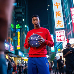A black man wearing a red sweatshirt is holding Kuangmi Stylish Cowboy Style Street Basketball in Chinatown