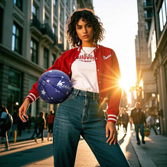 A beautiful woman is holding Kuangmi Stylish Cowboy Style Street Basketball on the street