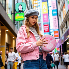 The model is wearing a Pink coat and holding Kuangmi Pink Series Basketball on the street