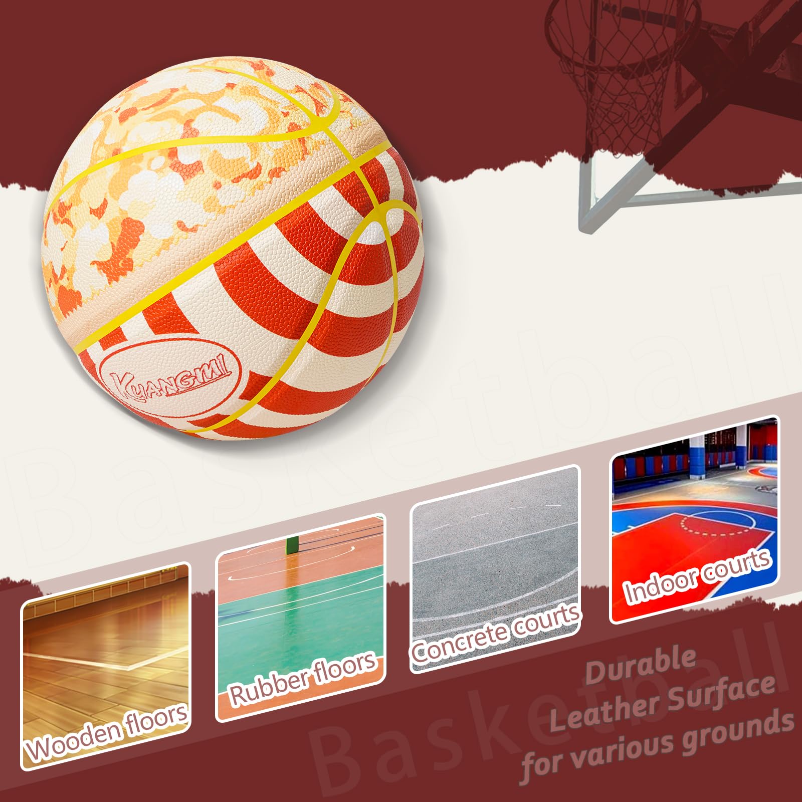 Kuangmi Popcorn Basketball, Size 7 (29.5"), Hygroscopic PU Leather