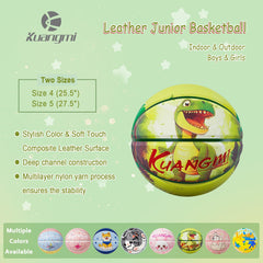 Kuangmi Dinosaur Kids Basketball, Green, Sizes 4 (25.5") & 5 (27.5"), Hygroscopic PU Leather