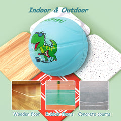 Kuangmi Kids' Dinosaur Rubber Basketball, Light Blue, Sizes 4 (25.5") & 5 (27.5"), Indoor & Outdoor Use