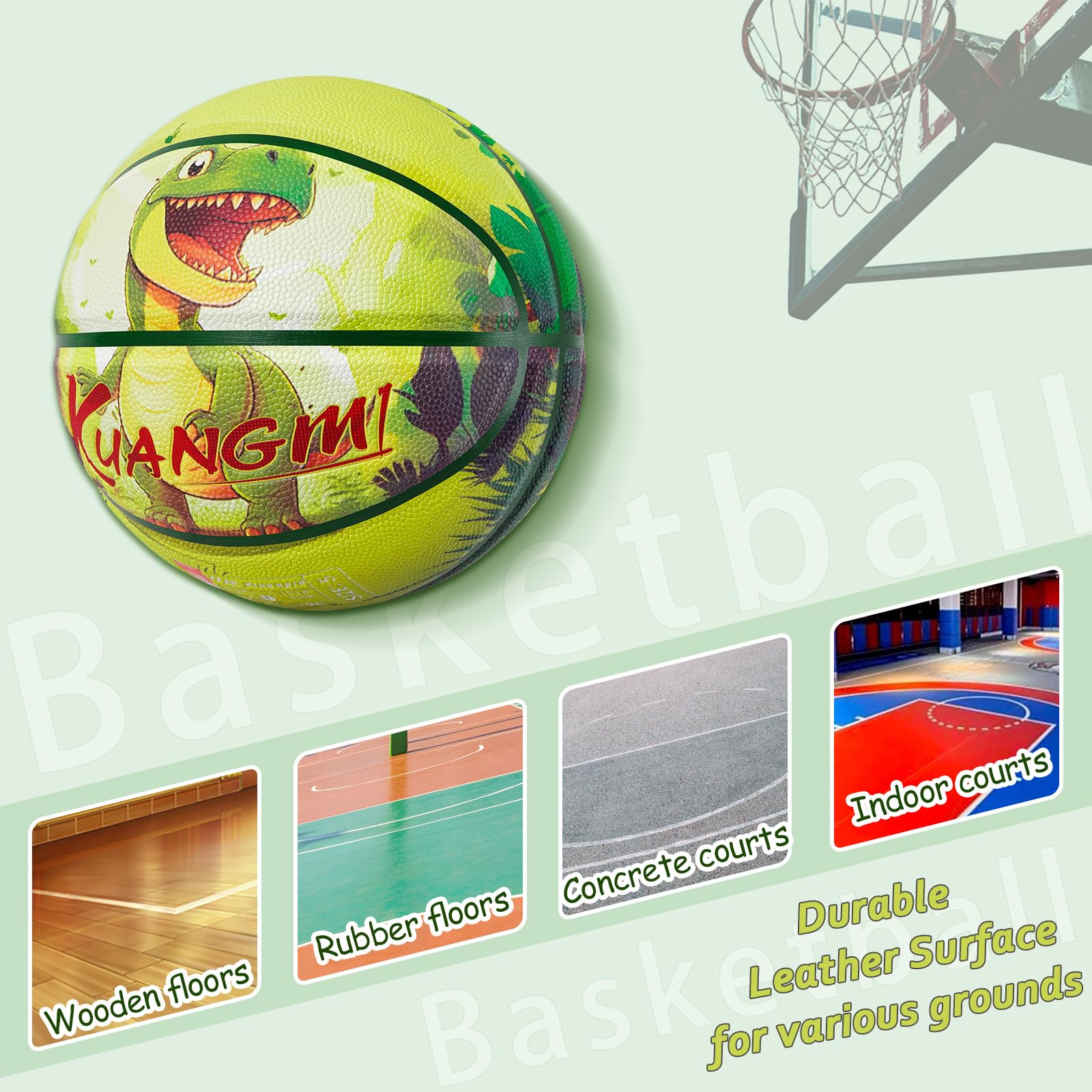Kuangmi Dinosaur Kids Basketball, Green, Sizes 4 (25.5") & 5 (27.5"), Hygroscopic PU Leather