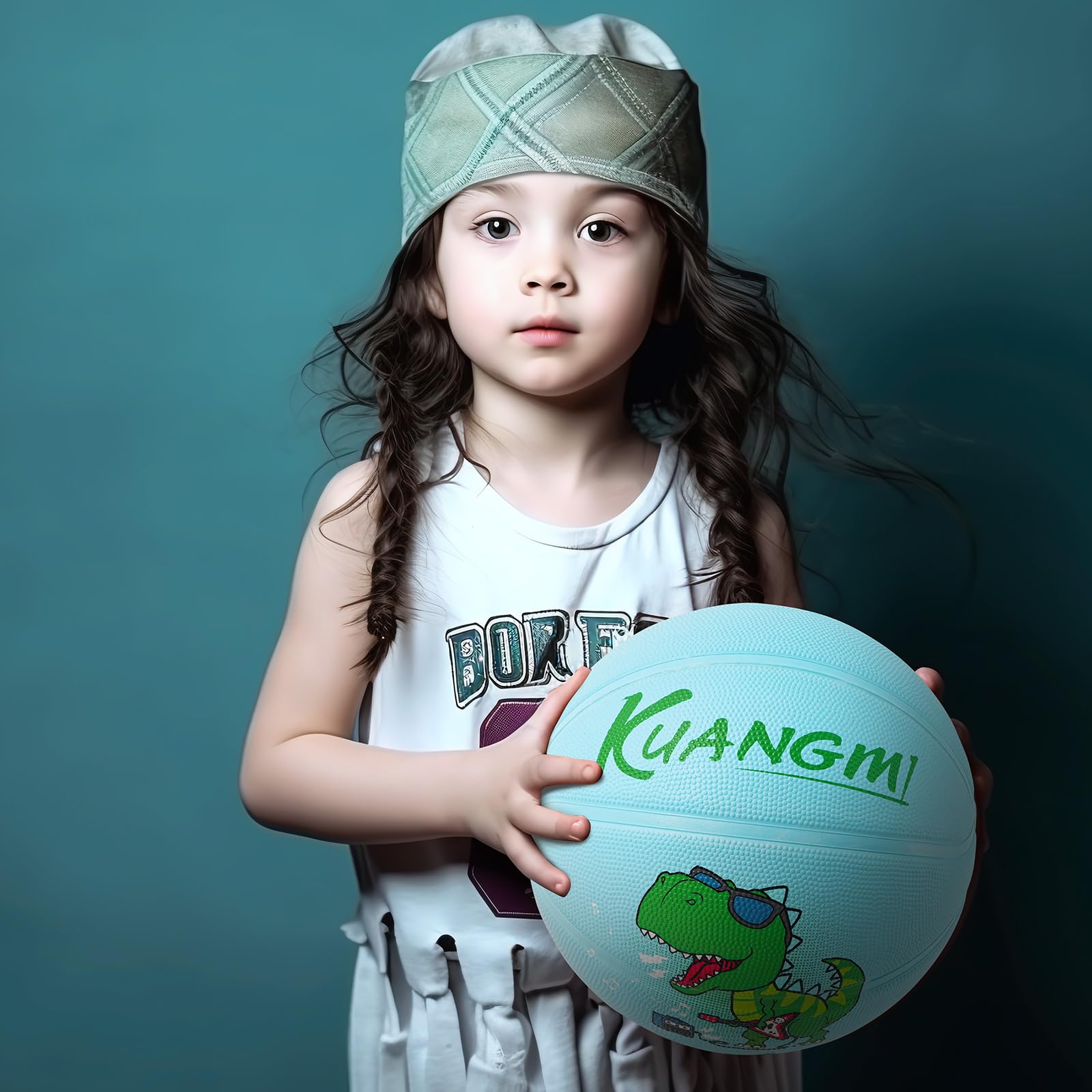 Kuangmi Kids' Dinosaur Rubber Basketball, Light Blue, Sizes 4 (25.5") & 5 (27.5"), Indoor & Outdoor Use