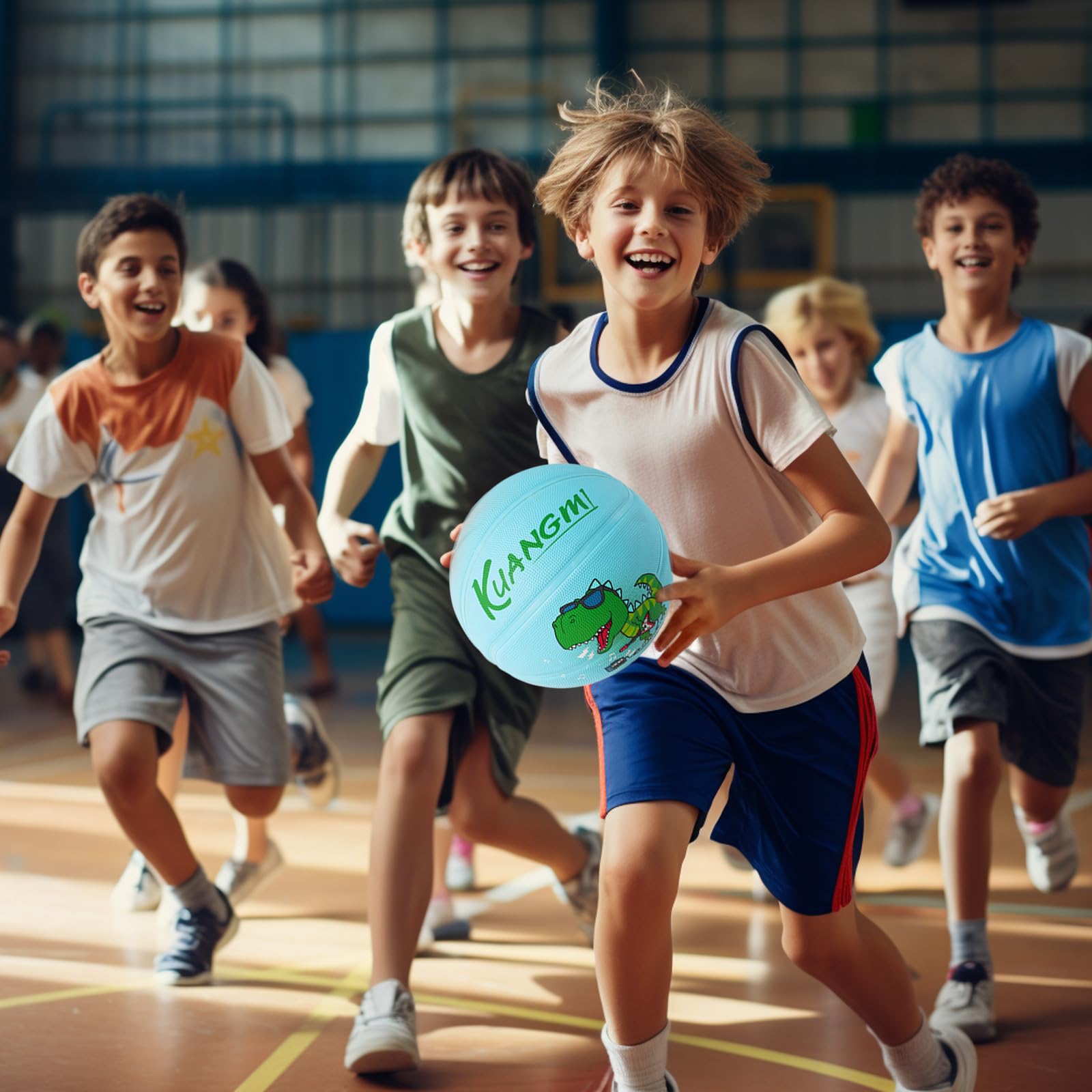 Kuangmi Kids' Dinosaur Rubber Basketball, Light Blue, Sizes 4 (25.5") & 5 (27.5"), Indoor & Outdoor Use