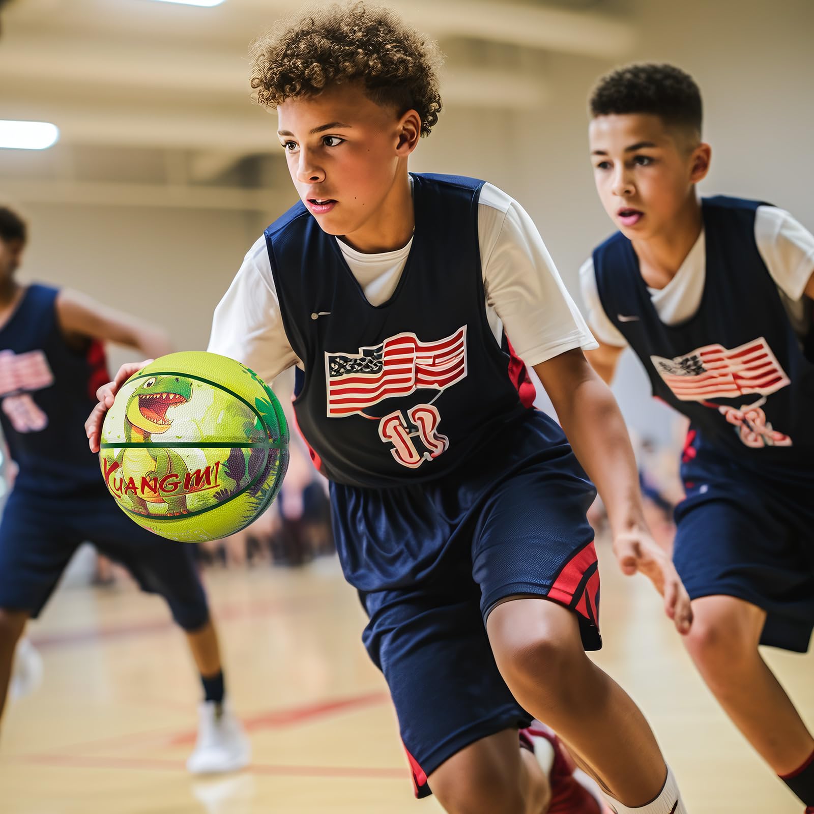 Kuangmi Dinosaur Kids Basketball, Green, Sizes 4 (25.5") & 5 (27.5"), Hygroscopic PU Leather