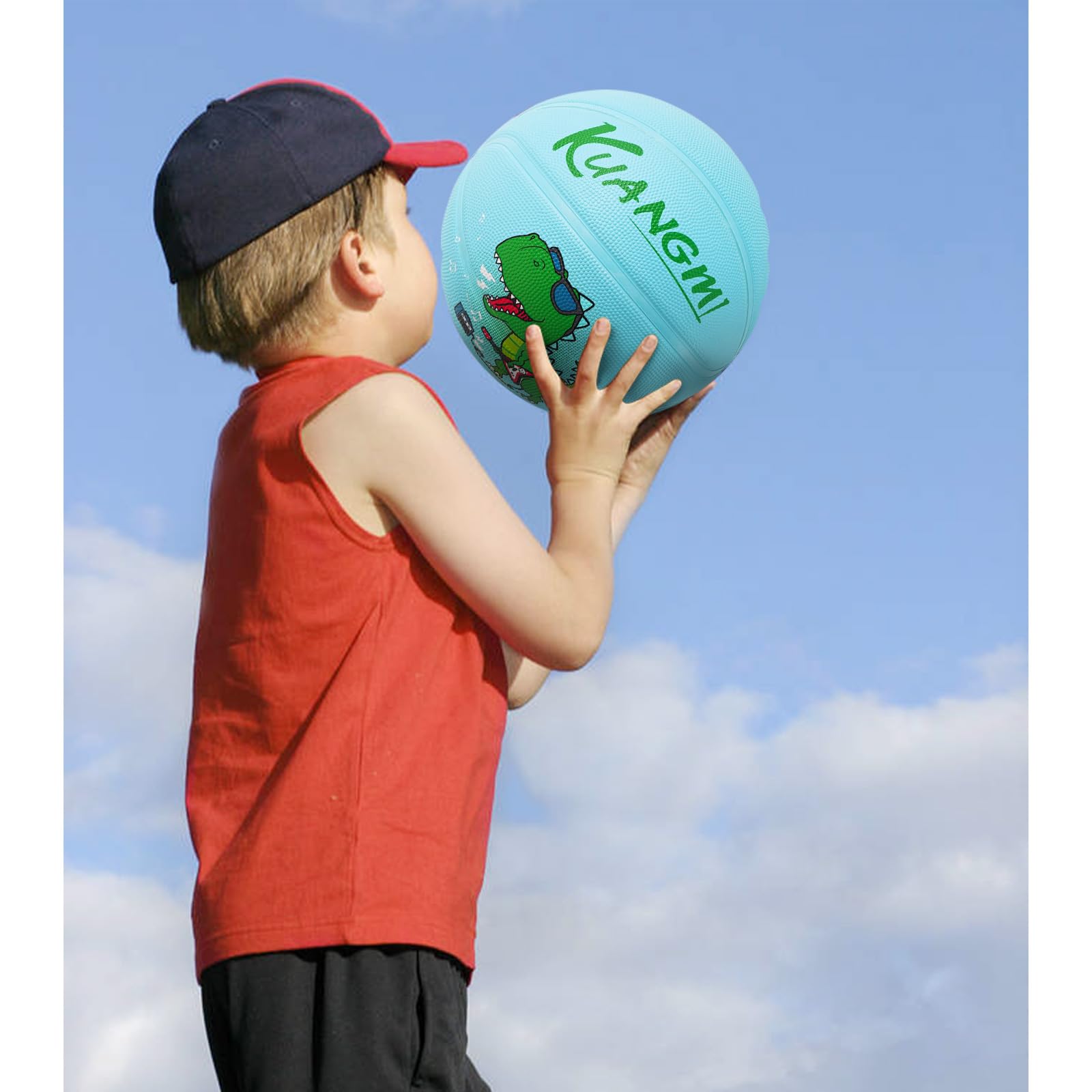 Kuangmi Kids' Dinosaur Rubber Basketball, Light Blue, Sizes 4 (25.5") & 5 (27.5"), Indoor & Outdoor Use