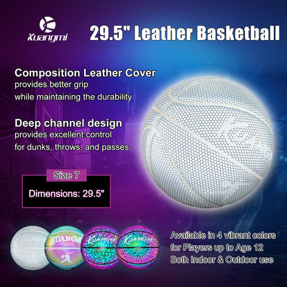 Kuangmi Reflective Glowing Basketball Holographic Luminous for Night Game Light Up Basket Ball Men's Official Size 7 29.5"