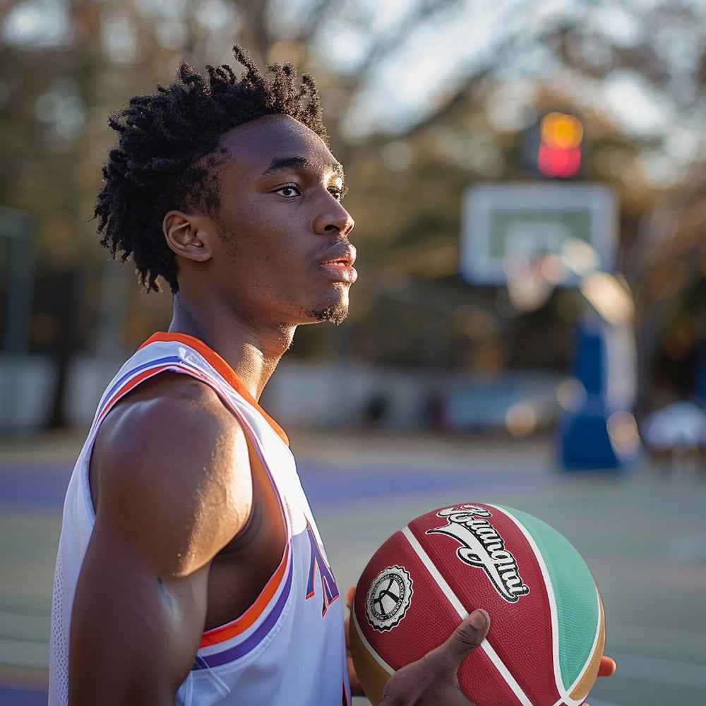 Kuangmi American Style Indoor/Outdoor Premium Rubber Basketball Vermilion (Color) Size 7 Black model holding picture