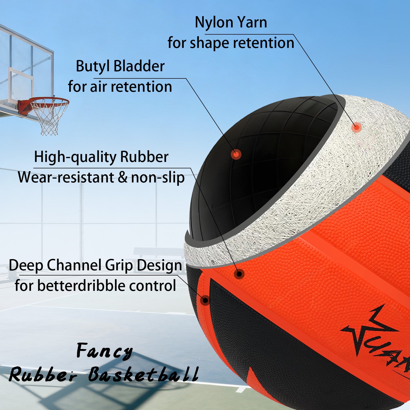 Kuangmi Lightning Rubber Basketball, Black & Red, Size 7 (29.5")